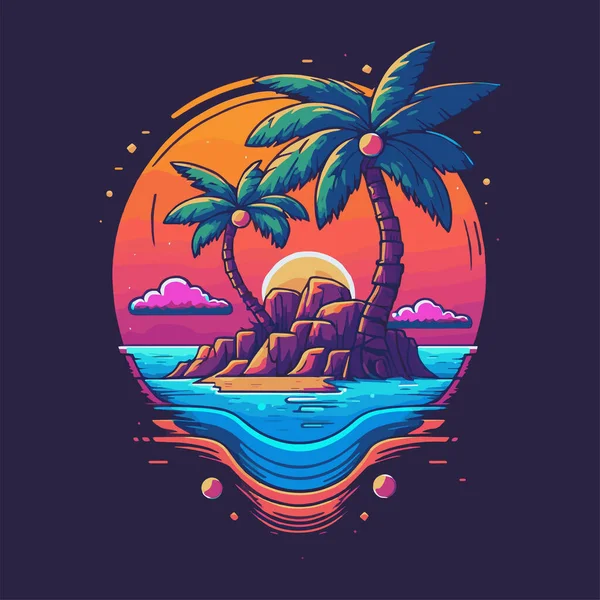 Tropical Island Palms Logo Beach Travel Retro Postal Sea Sand — Archivo Imágenes Vectoriales