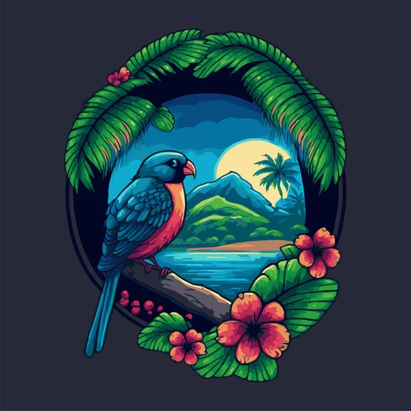 Tropische Eiland Palmen Logo Strand Reizen Retro Ansichtkaart Zee Zand — Stockvector