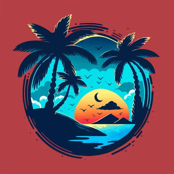 Tropical Island Palms Logo Beach Travel Retro Cartão Postal Mar —  Vetores de Stock
