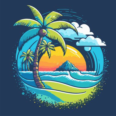 Tropik Ada Palmiyeleri Logo Plajı Seyahat Retro Kartı Kum Denizi Yaz Tatili Günbatımı
