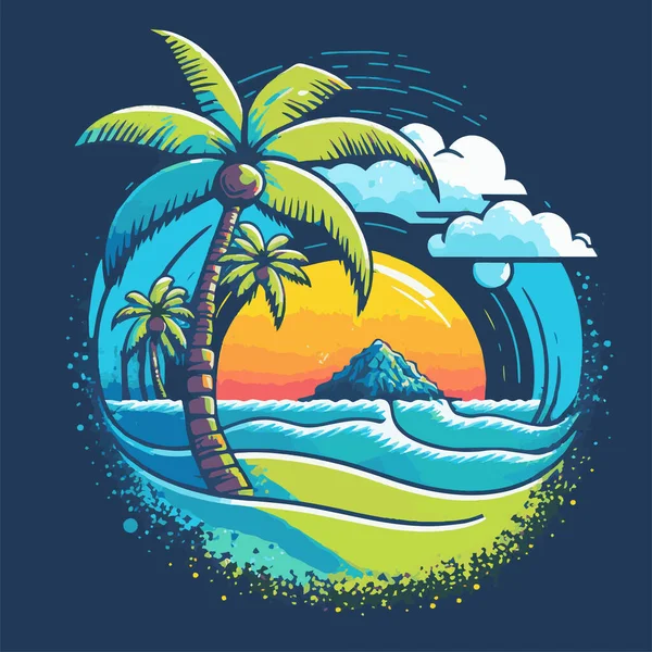 Tropik Ada Palmiyeleri Logo Plajı Seyahat Retro Kartı Kum Denizi — Stok Vektör
