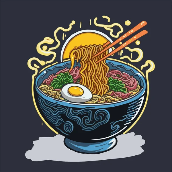 Illustration Japanese Ramen Noodles Bowl Cartoon Style Mascot Logo Sticker — Stock Vector