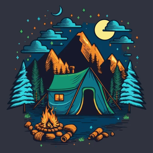 Vintage Camping Σκηνή Εικονογράφηση Περιπέτεια Άγρια Ζωή Vintage Design Βουνά — Διανυσματικό Αρχείο