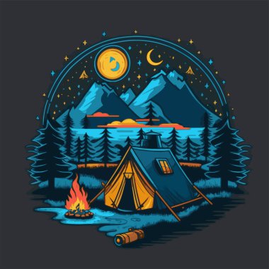 Vintage Camping Tent Illustration. Adventure wild life. Vintage design with mountains, forest silhouettes. For poster, banner, emblem, sign, logo. clipart