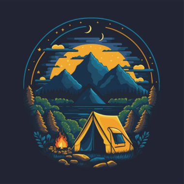 Vintage Kamp Çadırı Çizimi. Vahşi hayat macerası. Dağlı klasik tasarım, orman siluetleri. Poster, bayrak, amblem, işaret, logo.