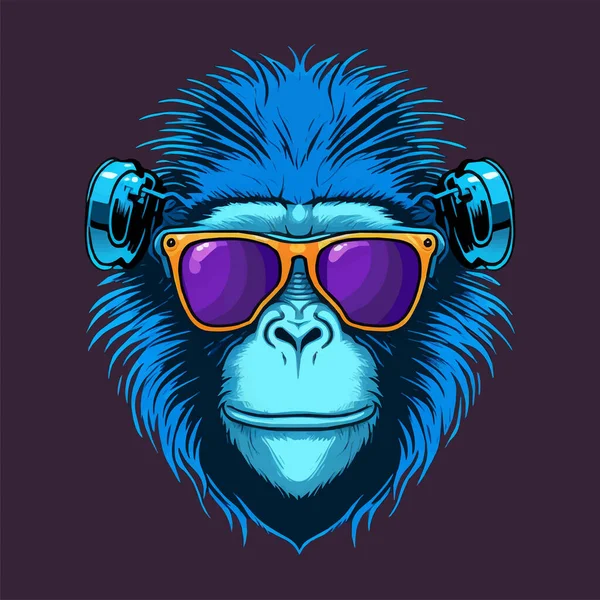 マスコットとロゴのためのモンキーヘッドフェイスのイラスト ギークチンパンジーアイコンバッジポスター — ストックベクタ