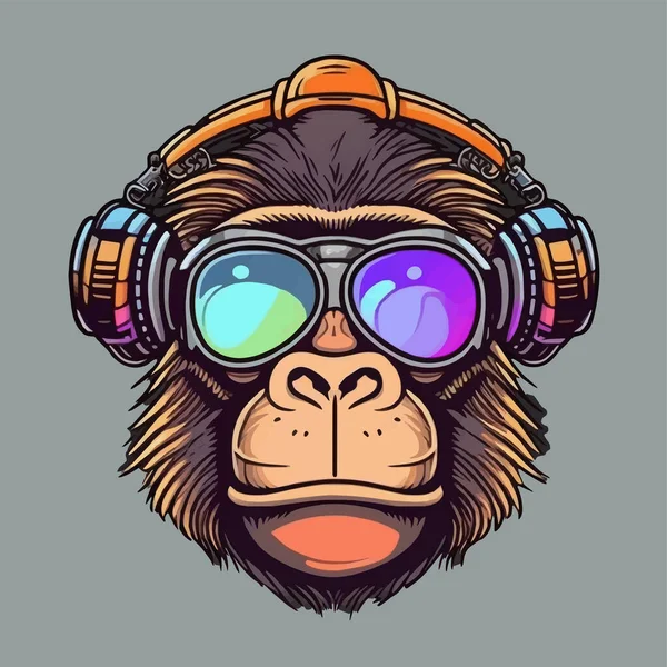 用于吉祥物和标识的猴头脸图解 Geek Chimpanzee Icon徽章海报 — 图库矢量图片