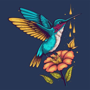 Illustration of Hummingbirds Flying Over Exotic Tropical Flower Design clipart