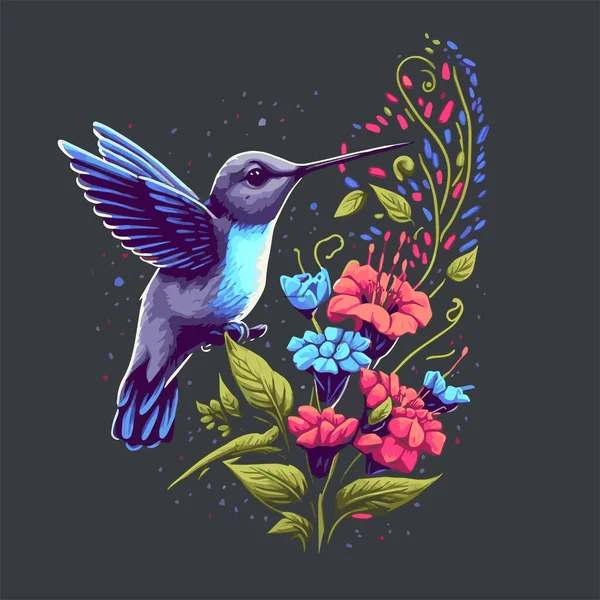 Ilustracja Kolibrów Latających Nad Egzotycznym Kwiatem Tropikalnym — Wektor stockowy