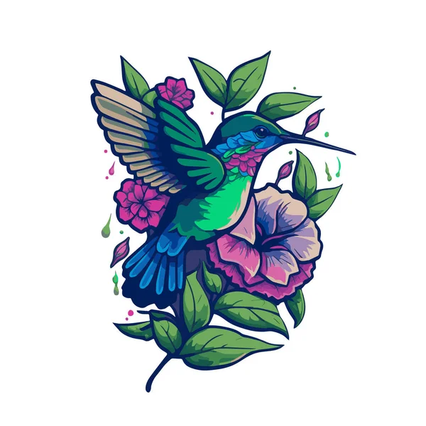Illustration Von Kolibris Die Über Exotische Tropische Blumen Fliegen — Stockvektor