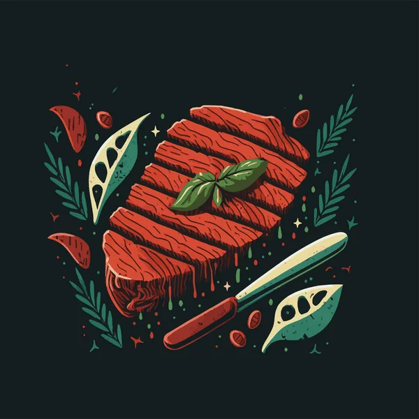 Daging Steak Asap Lezat Dengan Irisan Tomat Dan Ilustrasi Logo - Stok Vektor