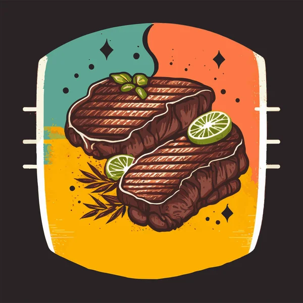 Daging Steak Asap Lezat Dengan Irisan Tomat Dan Ilustrasi Logo - Stok Vektor