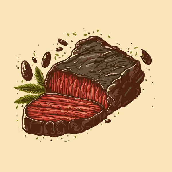 おいしいスモークビーフステーキ肉スライストマトとローズマリーロゴベクトルイラスト — ストックベクタ