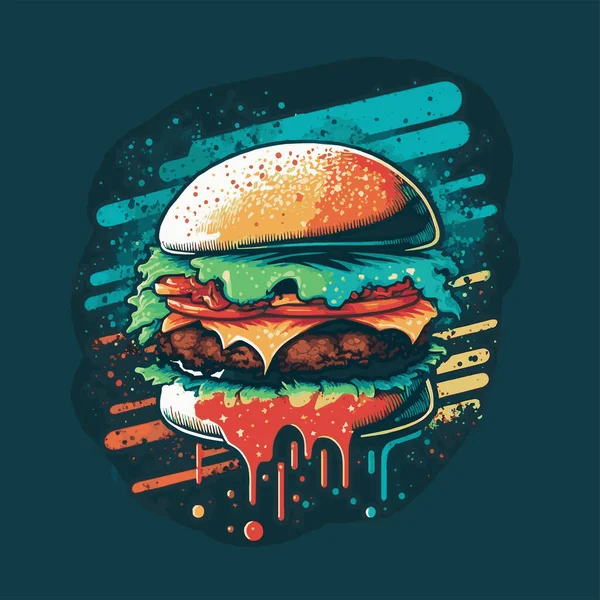 Mão Desenho Vintage Big Burger Hamburger Logotipo Vetor Ilustração — Vetor de Stock