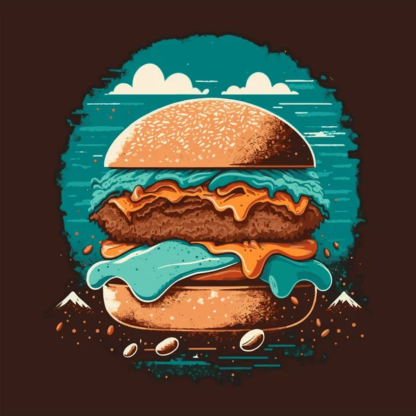 Χέρι Σχέδιο Vintage Big Burger Hamburger Λογότυπο Διανυσματική Απεικόνιση — Διανυσματικό Αρχείο