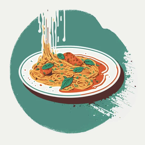 Ilustración Vectorial Espaguetis Italianos Sabrosos Con Tenedor Placa Para Insignias — Vector de stock