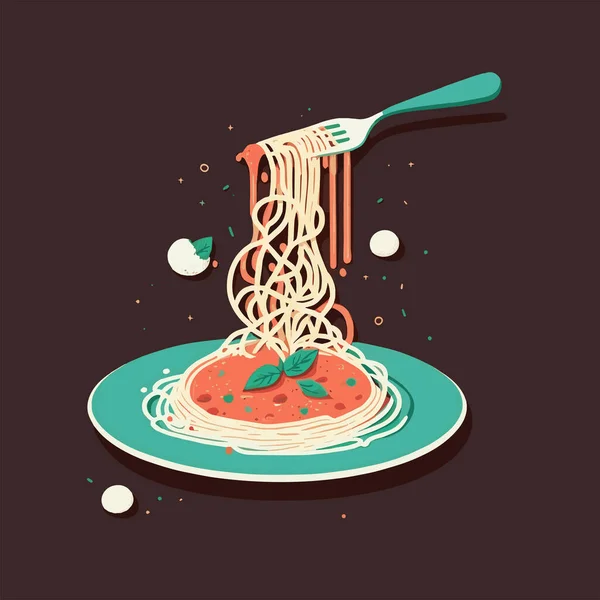 Ilustração Vetorial Espaguete Saboroso Italiano Com Garfo Placa Para Emblemas — Vetor de Stock