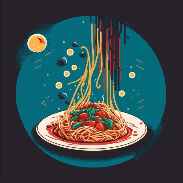 Векторная Иллюстрация Итальянских Вкусных Спагетти Вилкой Пластине Логотипа Значки Плакат — стоковый вектор
