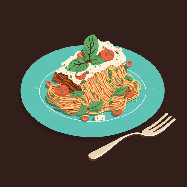 ロゴバッジ ポスター バナーのためのプレート上のフォークとイタリアのおいしいスパゲティのベクトルイラスト — ストックベクタ