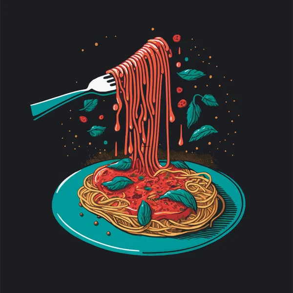 Ilustración Vectorial Espaguetis Italianos Sabrosos Con Tenedor Placa Para Insignias — Vector de stock