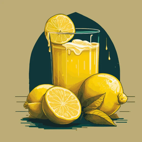 Glass Lemonade Fresh Cut Yellow Fresh Lemons Fruit Mint Leaf — Stock Vector