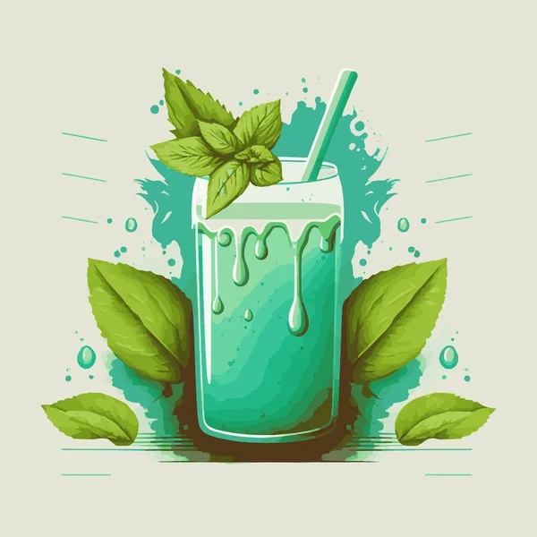 Soda Green Mint Leaf Süßwassersaft Smoothie Drink Vector Handgezeichnete Illustration — Stockvektor