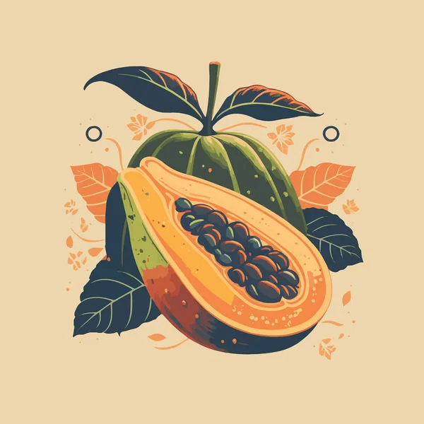 パパイヤのイラスト フレッシュオレンジトロピカルフルーツハンドドローフラットカラースタイル — ストックベクタ