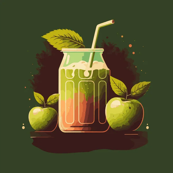 Fresh Apple Juice Soda Drink Transparent Glass Red Apple Slice — Stock Vector