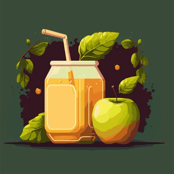 Frischer Apfelsaft Oder Limonadengetränk Transparentem Glas Und Roter Apfelscheibe Illustration — Stockvektor