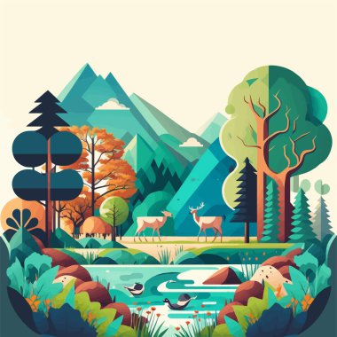 Illustration of Nature Mountain Forest Jungle Landscape Background in Flat Vector Color for Icon, Logo, Poster, Banner, Flayer clipart