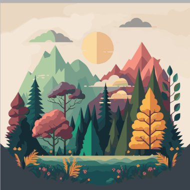 Doğa Dağı Orman Manzarası Görünümü Simge, Logo, Poster, Sancak, Düz Vektör Rengi