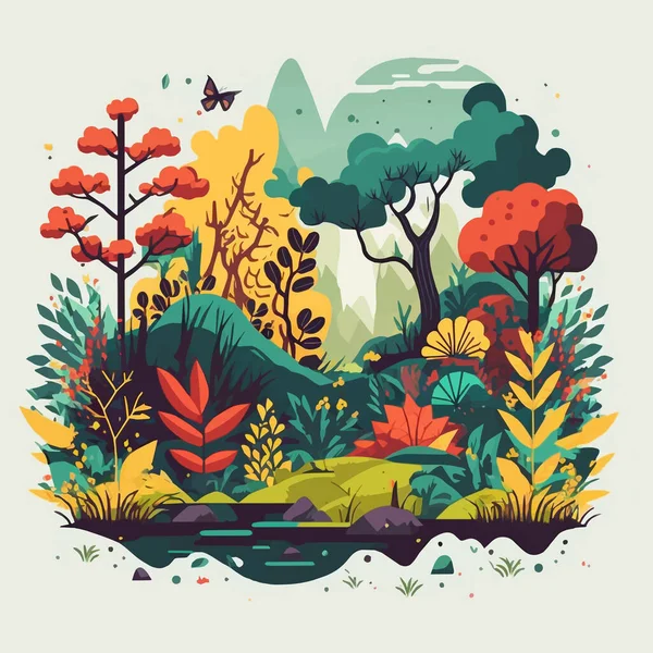 Ilustração Natureza Montanha Floresta Selva Paisagem Fundo Cor Vetor Plana —  Vetores de Stock
