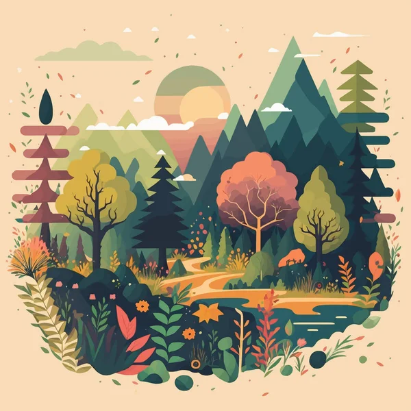 Ilustración Del Fondo Del Paisaje Selva Montaña Naturaleza Color Plano — Archivo Imágenes Vectoriales