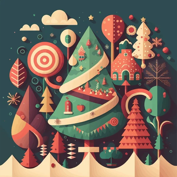 Ilustração Árvore Natal Inverno Fundo Cor Plana Vetor Para Cartaz — Vetor de Stock
