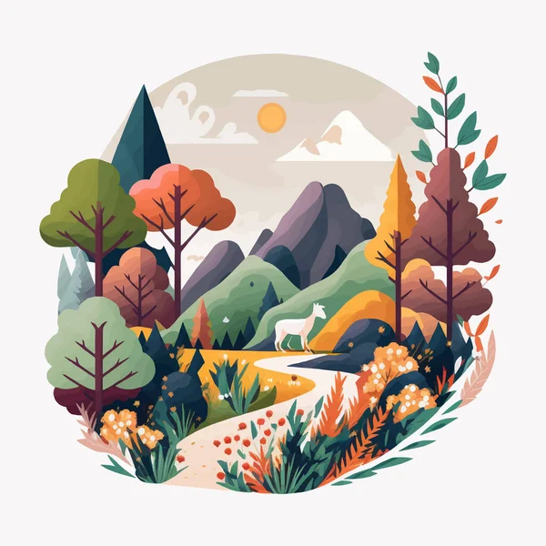自然のイラスト山の森ジャングルの風景アイコン ポスター バナー レイヤーのフラットベクトルカラーの背景 — ストックベクタ