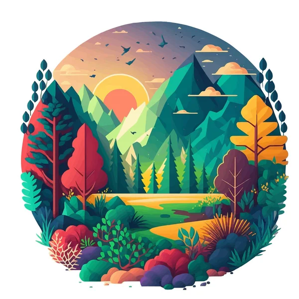 自然のイラスト山の森ジャングルの風景アイコン ポスター バナー レイヤーのフラットベクトルカラーの背景 — ストックベクタ