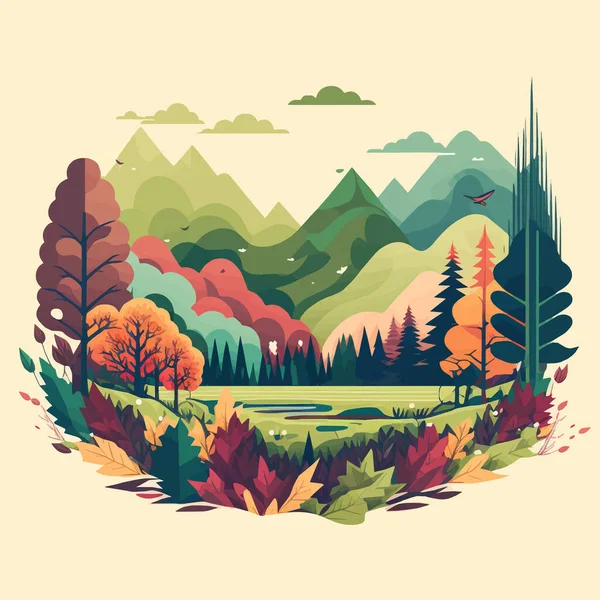 Nature Mountain Forest Jungle Landscape Background Vector Flat Color — 스톡 벡터