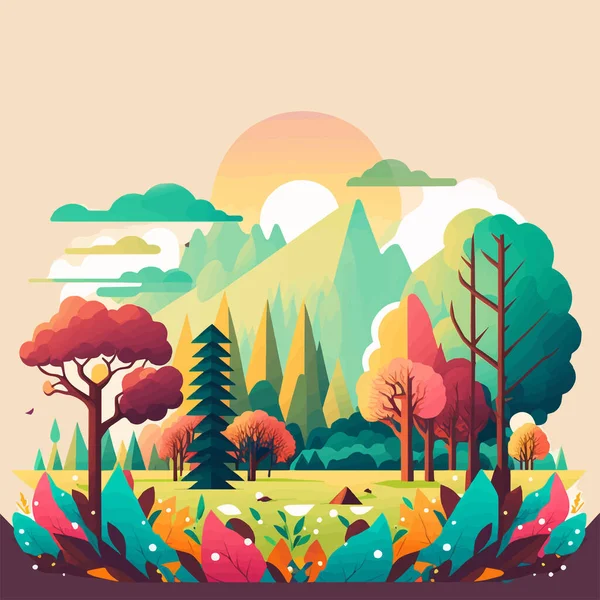 Illustration Nature Mountain Forest Jungle Landscape Background Flat Vector Color — Stock Vector