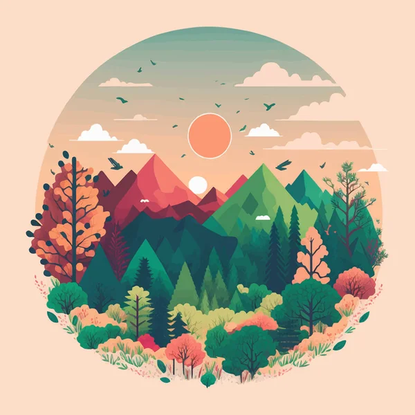 Ilustración Del Fondo Del Paisaje Selva Montaña Naturaleza Color Plano — Vector de stock