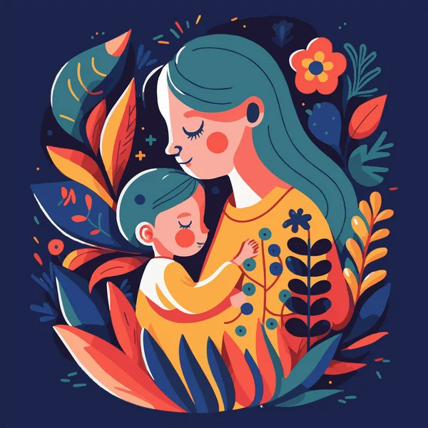 Moeder Knuffel Baby Kind Bloemen Achtergrond Gelukkig Moeder Dag Vector — Stockvector