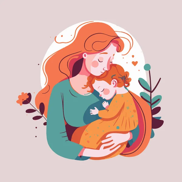 Matka Obejmout Dítě Květinovém Pozadí Šťastný Den Matek Vektor Plochý — Stockový vektor
