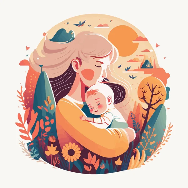 Madre Abrazo Bebé Niño Sobre Fondo Floral Vector Feliz Día — Archivo Imágenes Vectoriales