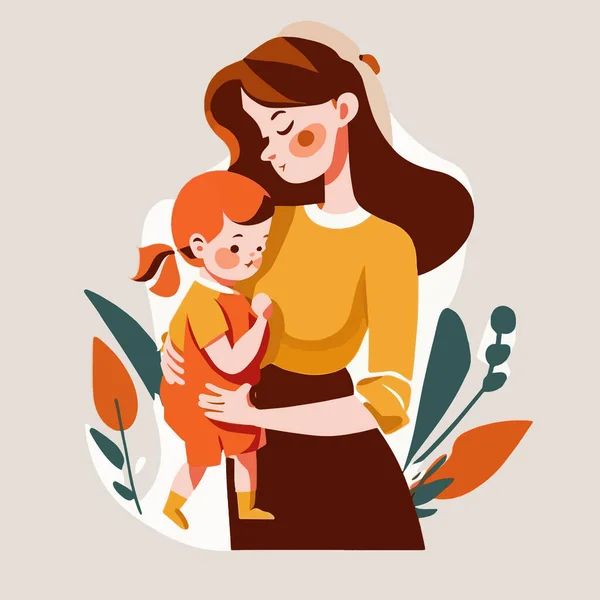 Anne Bebeğe Çiçekli Arka Planda Sarıl Anneler Günü Vektör Düz — Stok Vektör