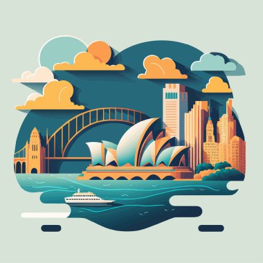 Avustralya 'nın resmedilmesi Sydney opera mimarisi, dönüm noktası ve panorama ile şehir simgesi olarak seyahat eder.