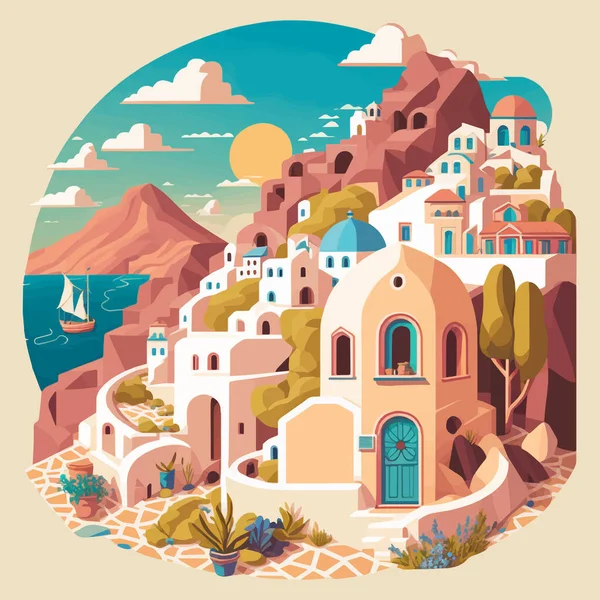 平面设计圣托里尼希腊建筑景观图解矢量旅游度假Icon地标 — 图库矢量图片