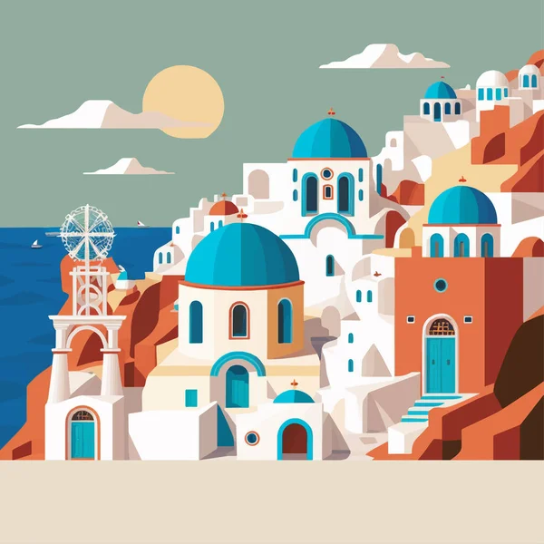 Flat Design Santorini Greece Building Architecture View Illustration Vector Travel — Stock Vector