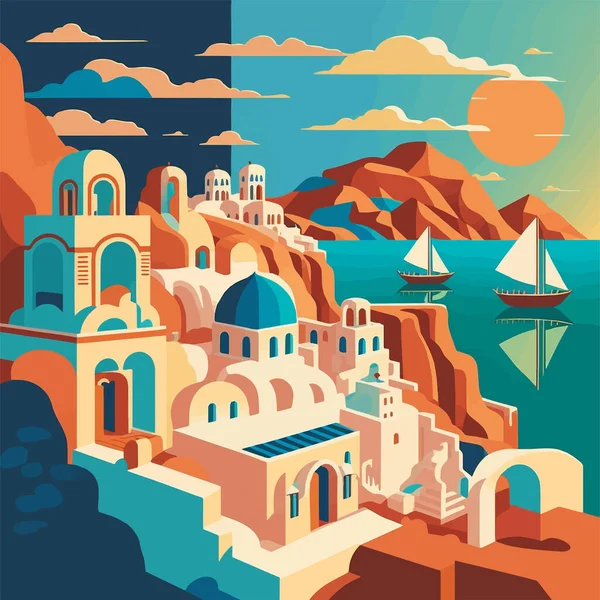 Плоский Дизайн Санторини Греция Строительство Архитектура Вид Иллюстрации Вектор Путешествия — стоковый вектор