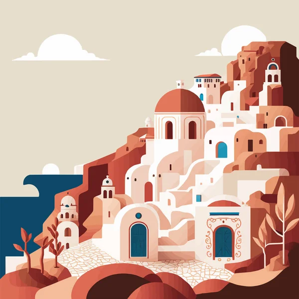 Düz Tasarım Santorini Yunanistan Mimarlık Görünüm Vektörü Seyahat Turizm Turizmi — Stok Vektör
