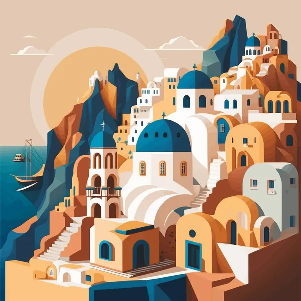 Flat Design Santorini Grekland Byggnad Arkitektur Visa Illustration Vektor Resor — Stock vektor