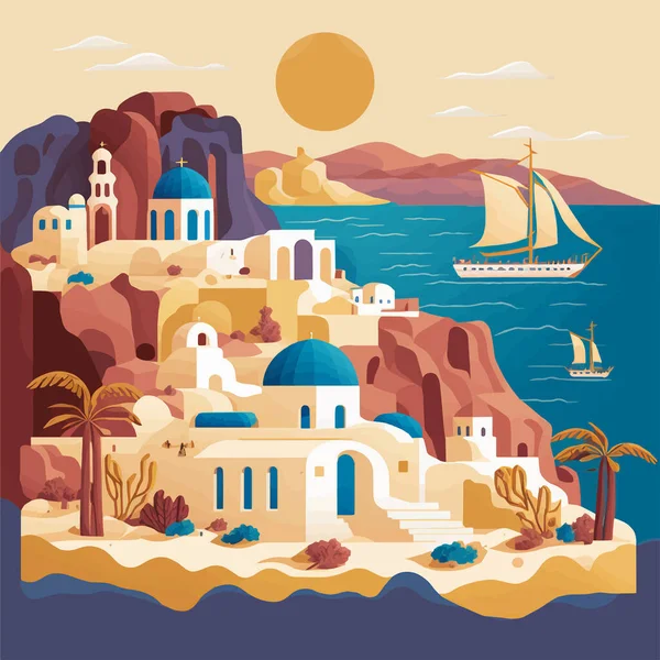 Flaches Design Santorini Griechenland Gebäude Architektur Ansicht Illustration Vektor Reisen — Stockvektor